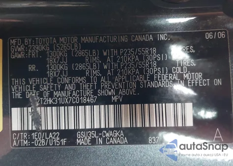 2007 Lexus Rx 350 from USA, damaged, VIN 2T2HK31UX7C018467